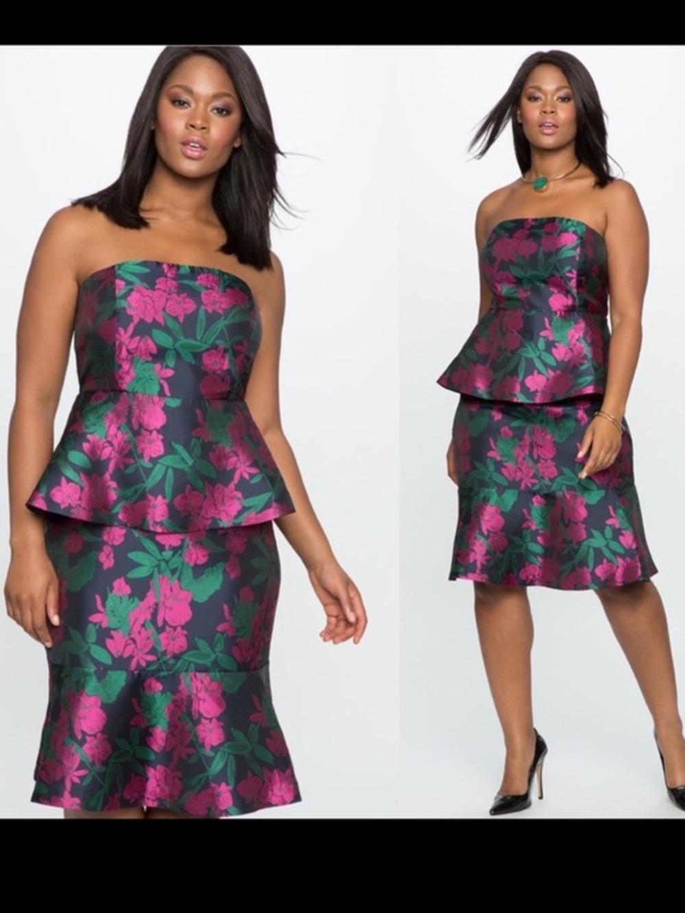 Eloquii Strapless Floral Peplum Dress in Pink and Green on Black